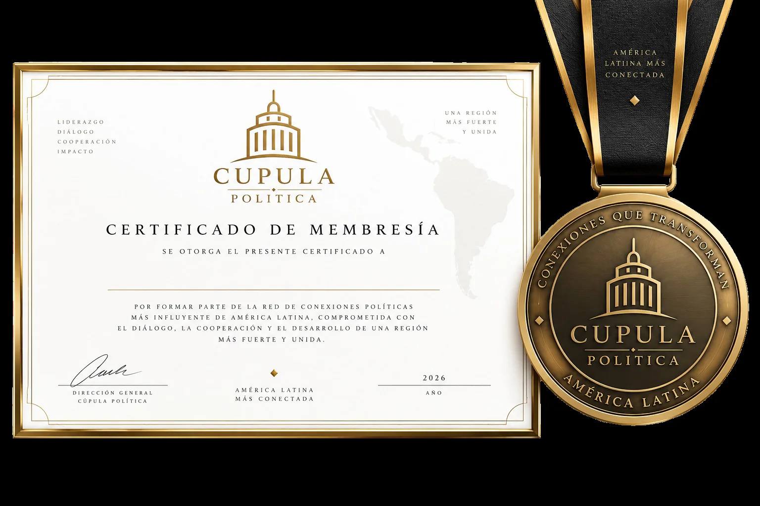 Certificado y medalla de miembro fundador de Cúpula Política