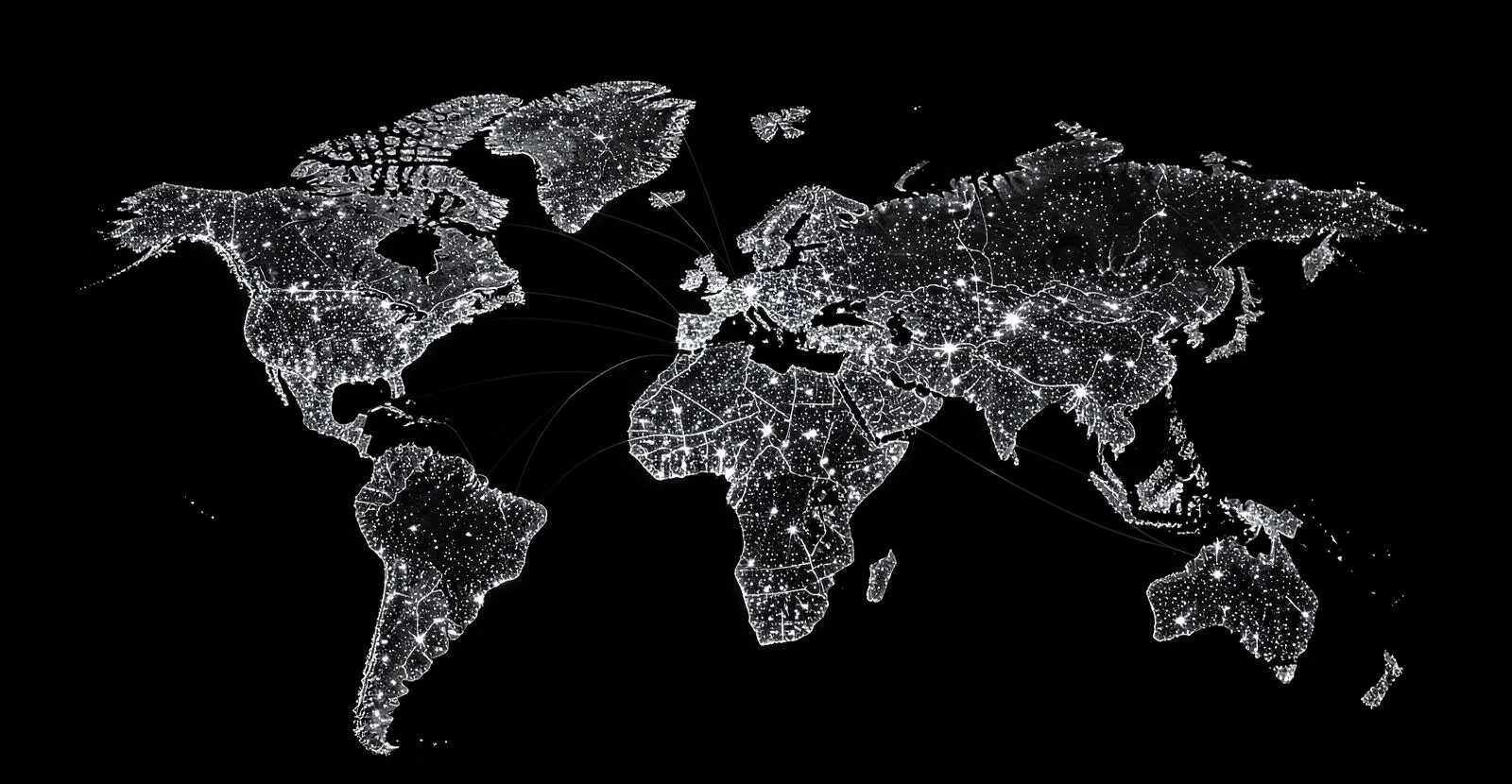 Mapa mundial iluminado de noche con conexiones entre continentes