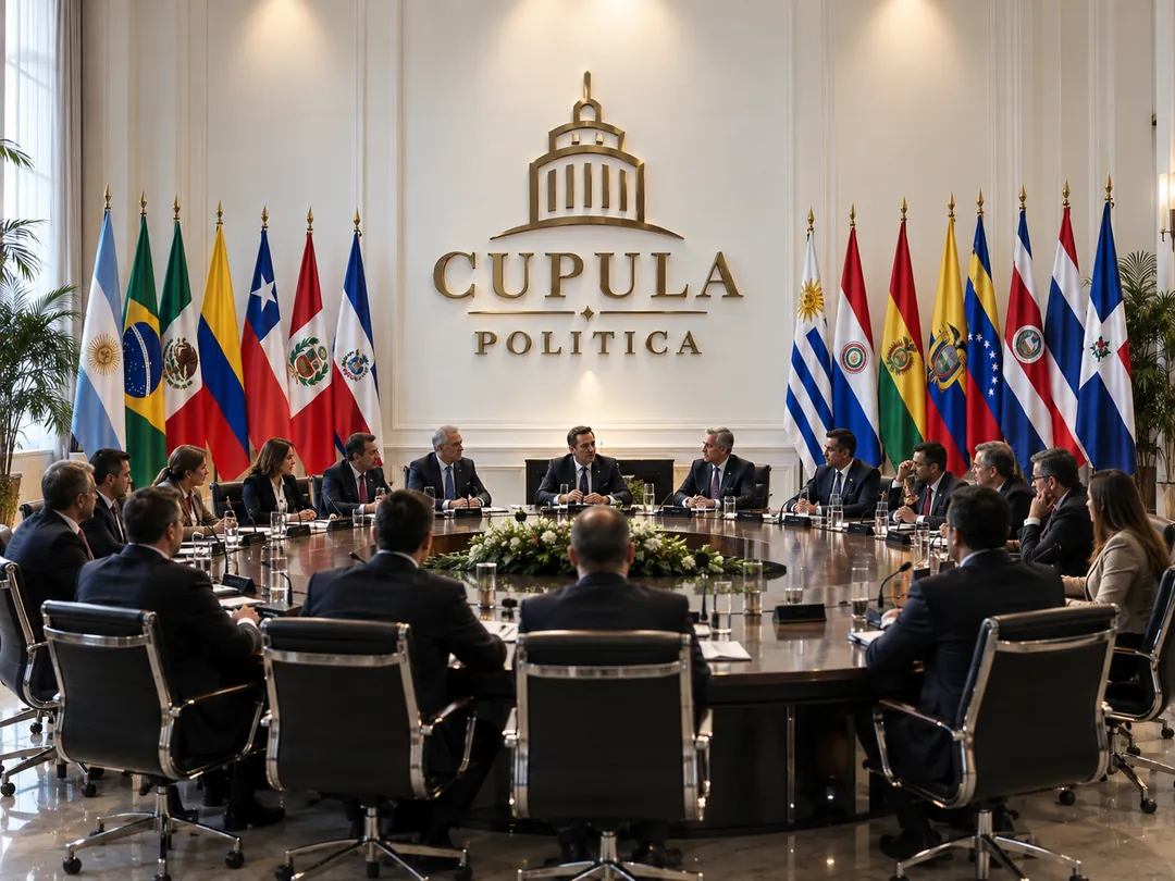 Líderes políticos y empresarios reunidos en la mesa de la Cúpula Política, con banderas de América Latina detrás