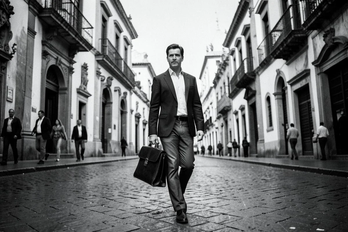 Líder caminando por una calle histórica de una ciudad latinoamericana