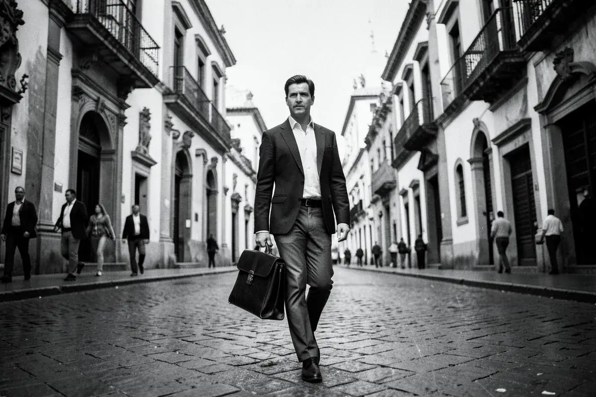 Líder caminando por una calle histórica de una ciudad latinoamericana