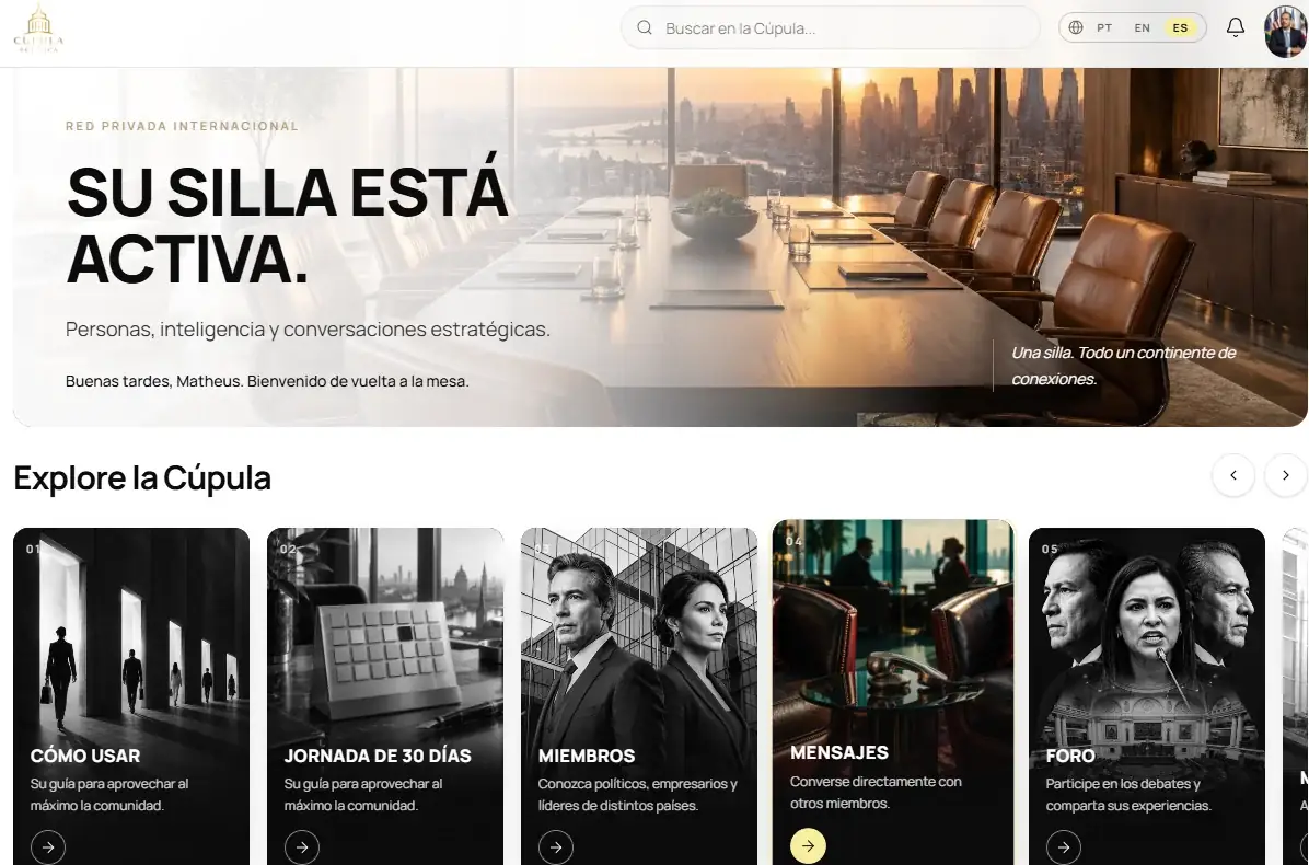 Pantalla de inicio de la plataforma Cúpula Política con accesos a Cómo usar, Jornada de 30 días, Miembros, Mensajes y Foro