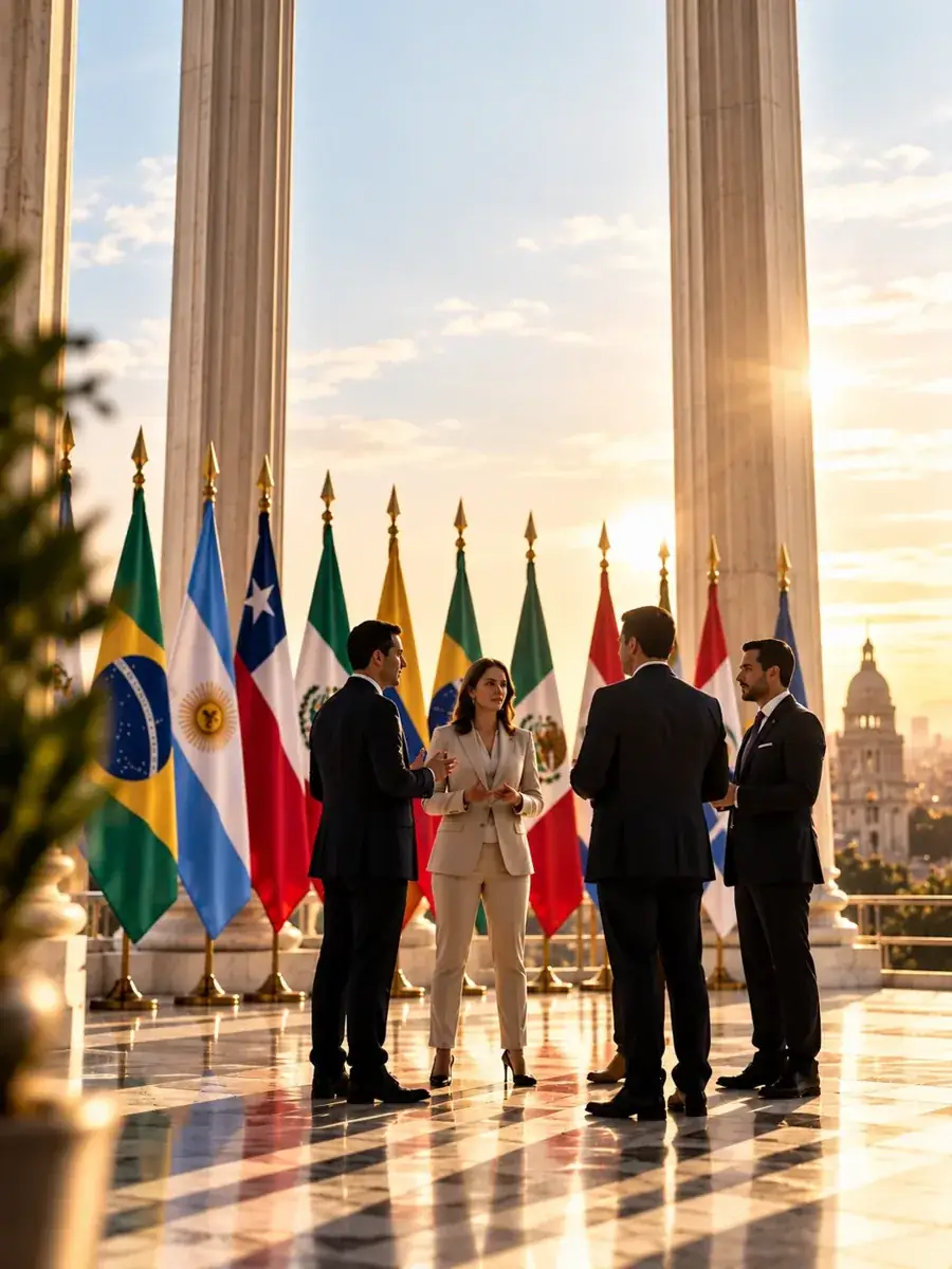 Líderes de varios países conversando frente a las banderas de América Latina